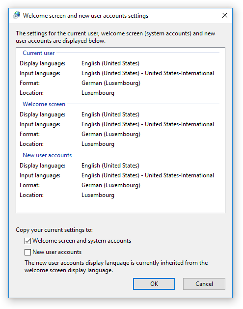 windows welcome screen and user account settings monolingual