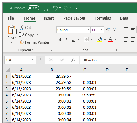 Excel: Time difference calculation fails at midnight