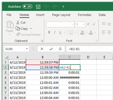 Excel: Simple time difference calculation fails at midnight