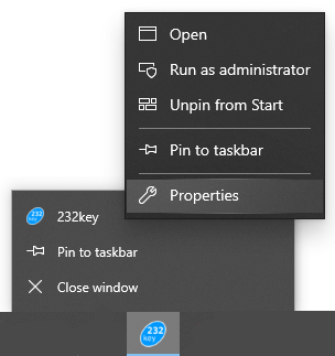 Opening app properties window from the taskbar