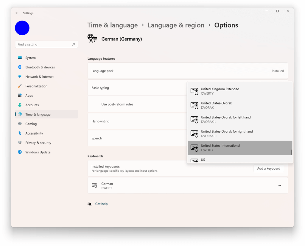 Windows 11 Language & region settings > Language options: Add a keyboard