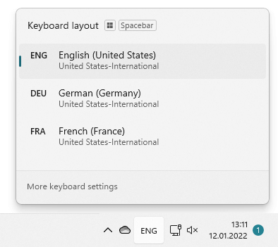 Windows 11 language bar showing multiple languages with the same keyboard