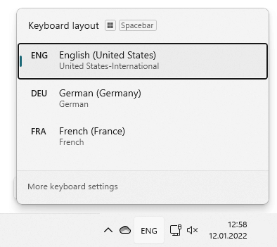 Windows 11 language bar showing multiple languages with different keyboards