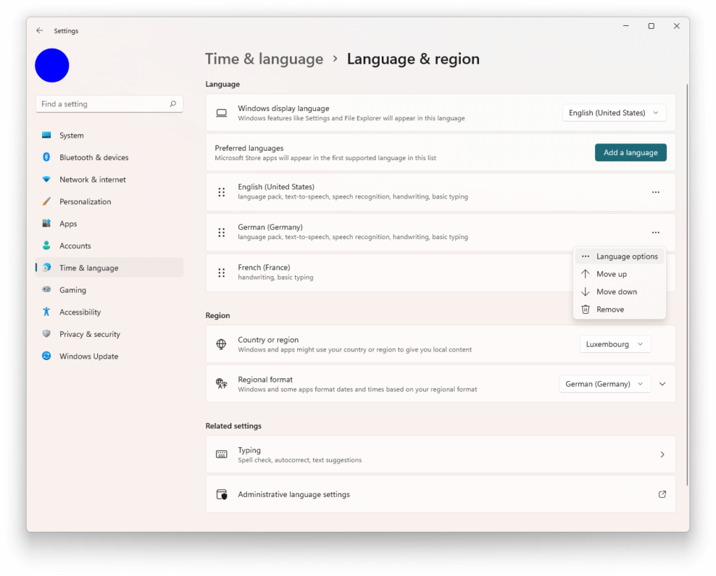 Windows 11 Language & region settings: Language options