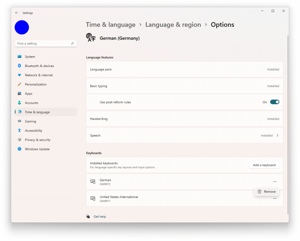 Windows 11 Language & region settings > Language options: Remove a keyboard