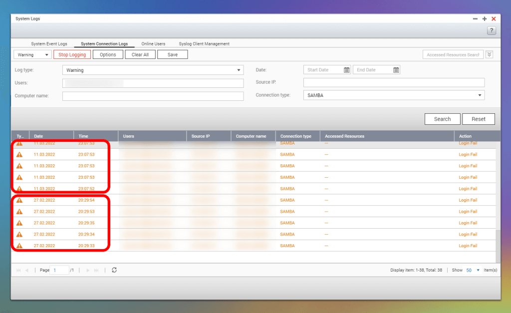 QNAP System Connection Logs