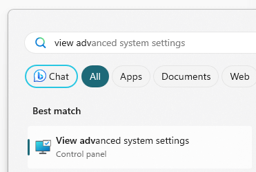 Windows start menu: view advanced system settings