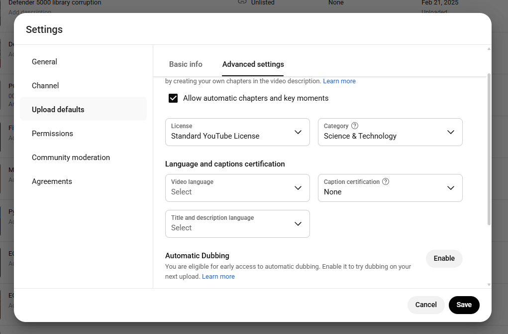 YouTube advanced settings: automatic dubbing